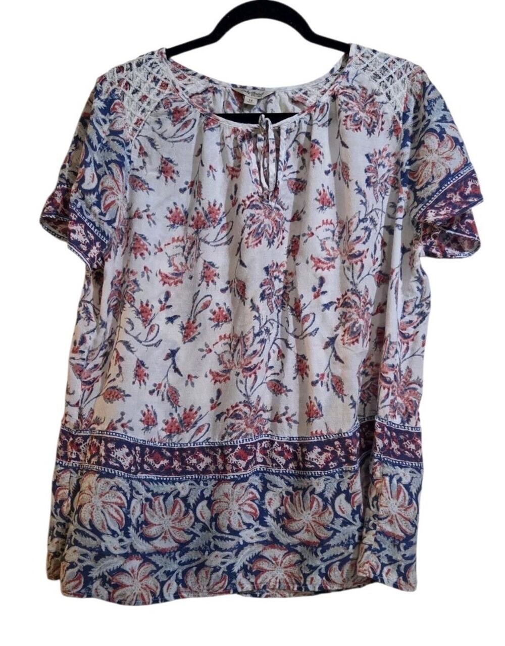 Lucky Brand Boho Floral Top Short Sleeve Blouse 1X White Blue Red Peasant Hippie